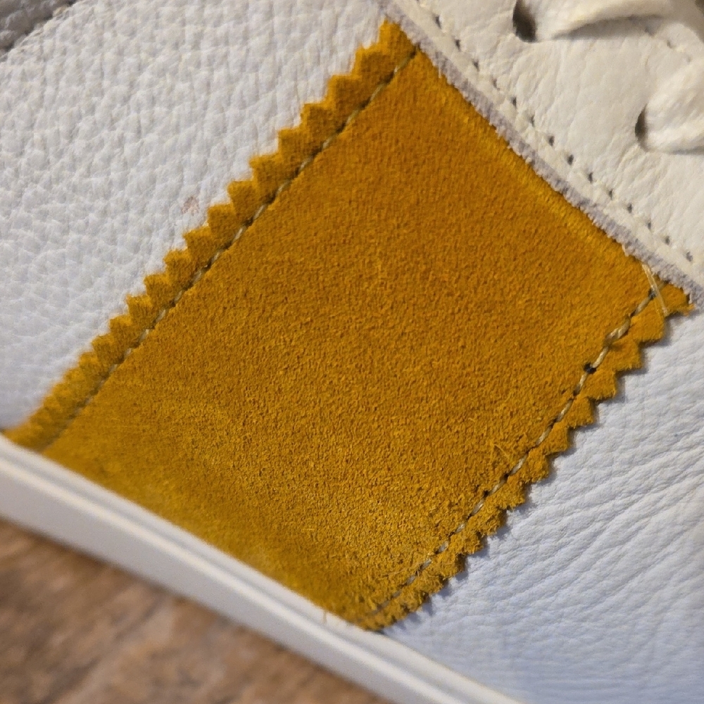 Allen Edmonds White Leather Sneakers with Mustard Accents - Picture 2 of 9